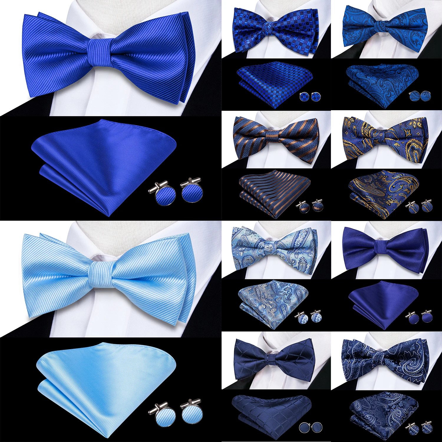 Navy Royal Sky Blue Silk Mens Bow Tie Hankerchief Cufflinks Set Pre-tied Butterfly Knot Bowtie for Male Wedding Business Office