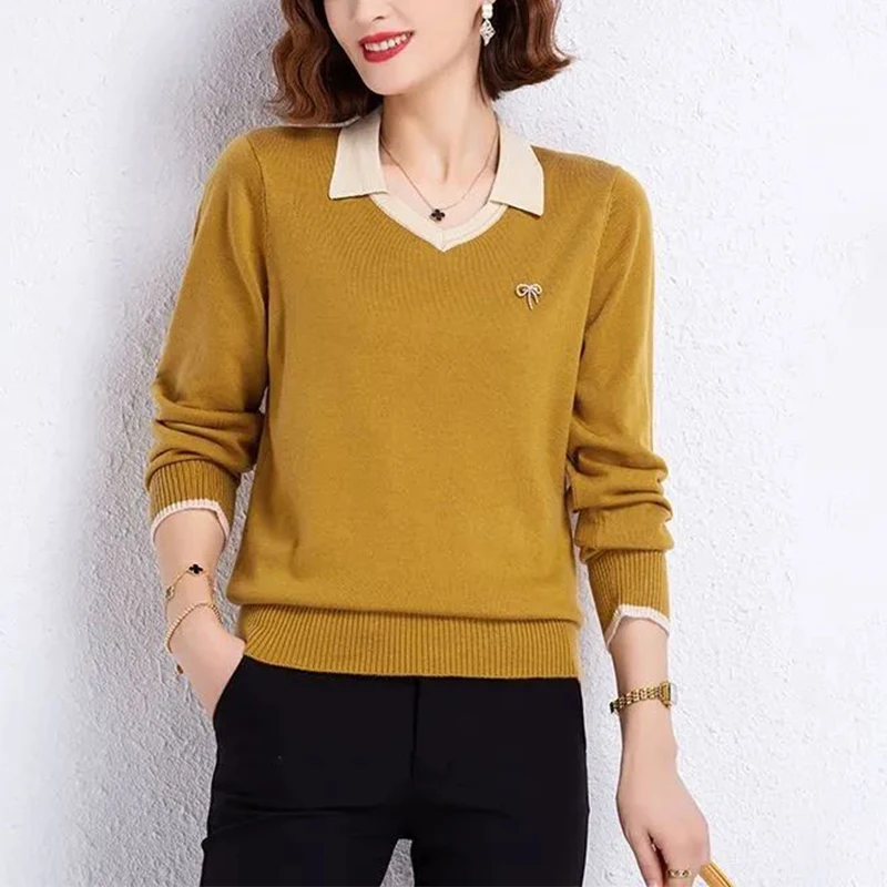 Autumn Winter New Fashion Turn-down Collar Long Sleeve Women\'s Clothing Pullovers Patchwork Color Blocking Knitting Loose Tops