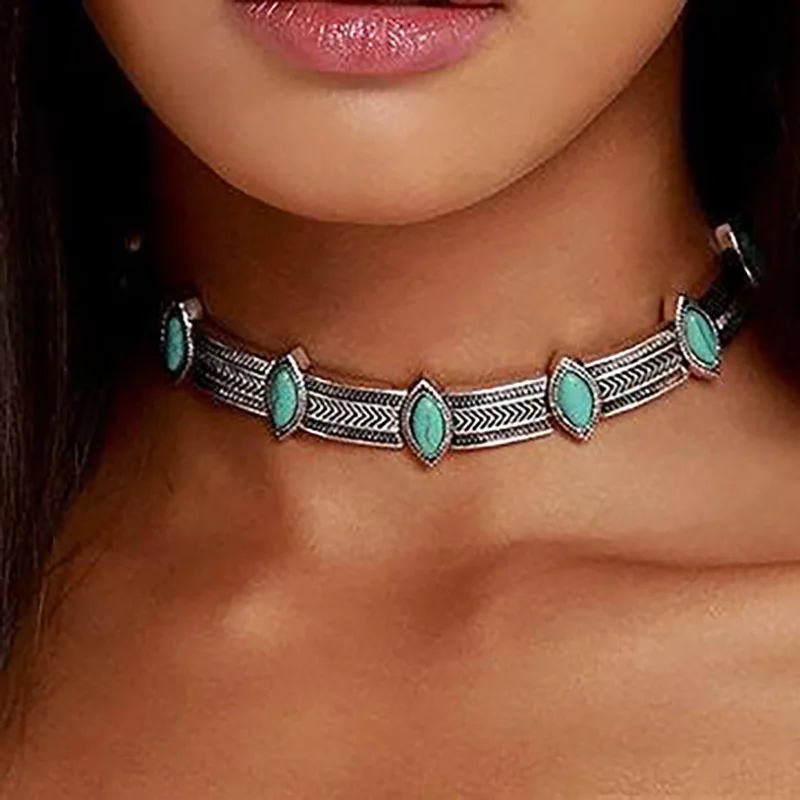 DIY accessories European and American fashion alloy gold inlaid turquoise retro design necklace, bohemian style vacation persona