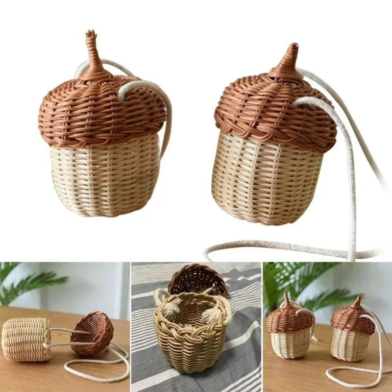 New Acorn-shaped Storage Basket Hand-woven Round Rattan Bag Bucket Tropical Beach Style Woven Shoulder Bag Photo Props