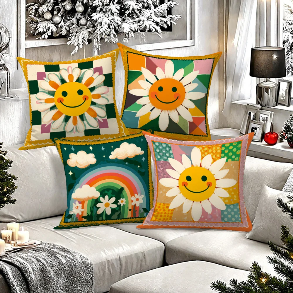 Retro Smiley Daisy Throw Pillow Covers, Vintage Patchwork Rainbow Print Cushion Cases, Boho Home Decor for Bedroom Living Room
