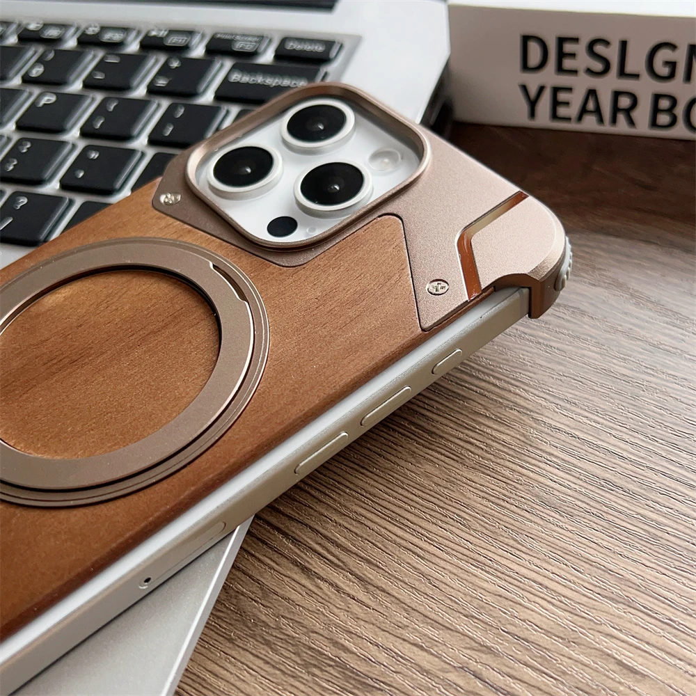 Frameless Armor Fold Ring Stand Holder Wooden Case for iPhone 16 15 13 14 Pro Max Military Invisible Bracket Shockproof Cover
