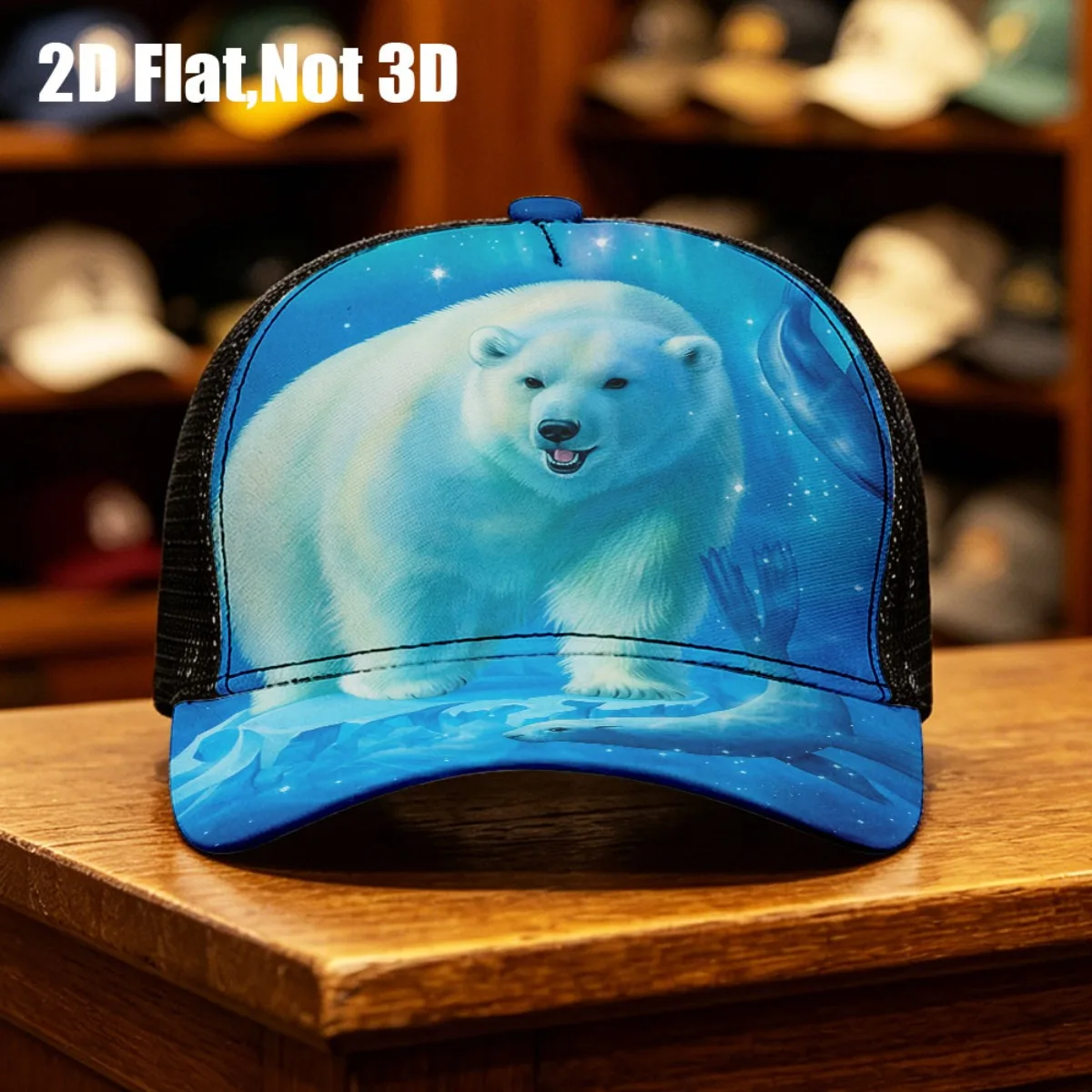 1pc 2D Flat Baseball Cap with Magical Polar Bear Seals Northern Lights Art Print Adjustable, Durable, Lightweight
