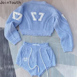 Knitted Clothing 2 Piece Sets Womens Outfits Roupas Femme Zipper Letter Cropped Cardigan High Waist Casual Shorts Suit Y2k Set