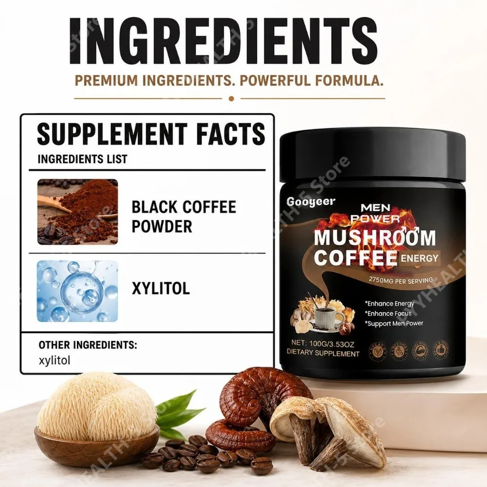 Men Mushroom Coffee Powder 2750mg with Lion's Mane Reishi Cordyceps Maca Root Boost Energy Physical Endurance 100g 30 Servings