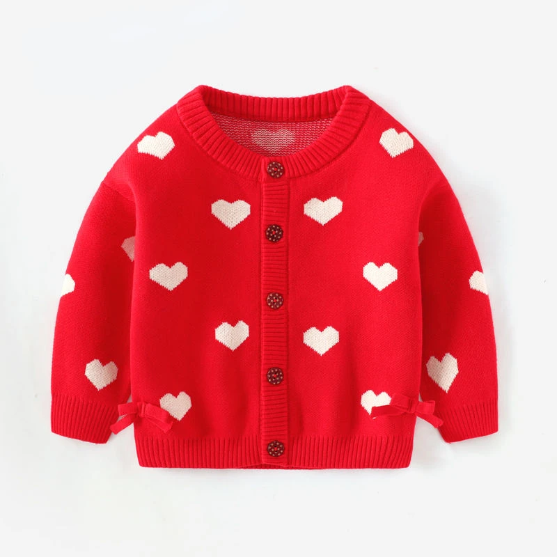 2022 Autumn New Baby Red Love Sweater Girl Korean Version Cute Princess Style Long-sleeved Knitted Cardigan Coat Winter Sweater