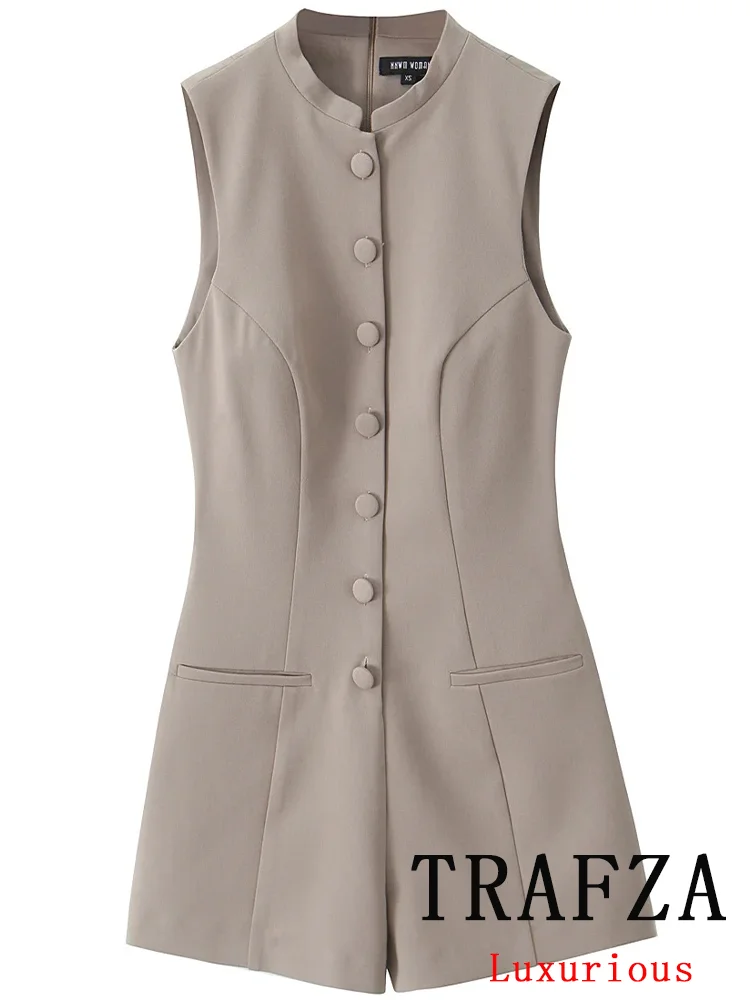 TRAFZA Sexy Vintage Bodysuits Solid Sleeveless O-Neck Single Breasted Slim Bodysuits Fashion 2025 Spring Summer Female Jumpsuits