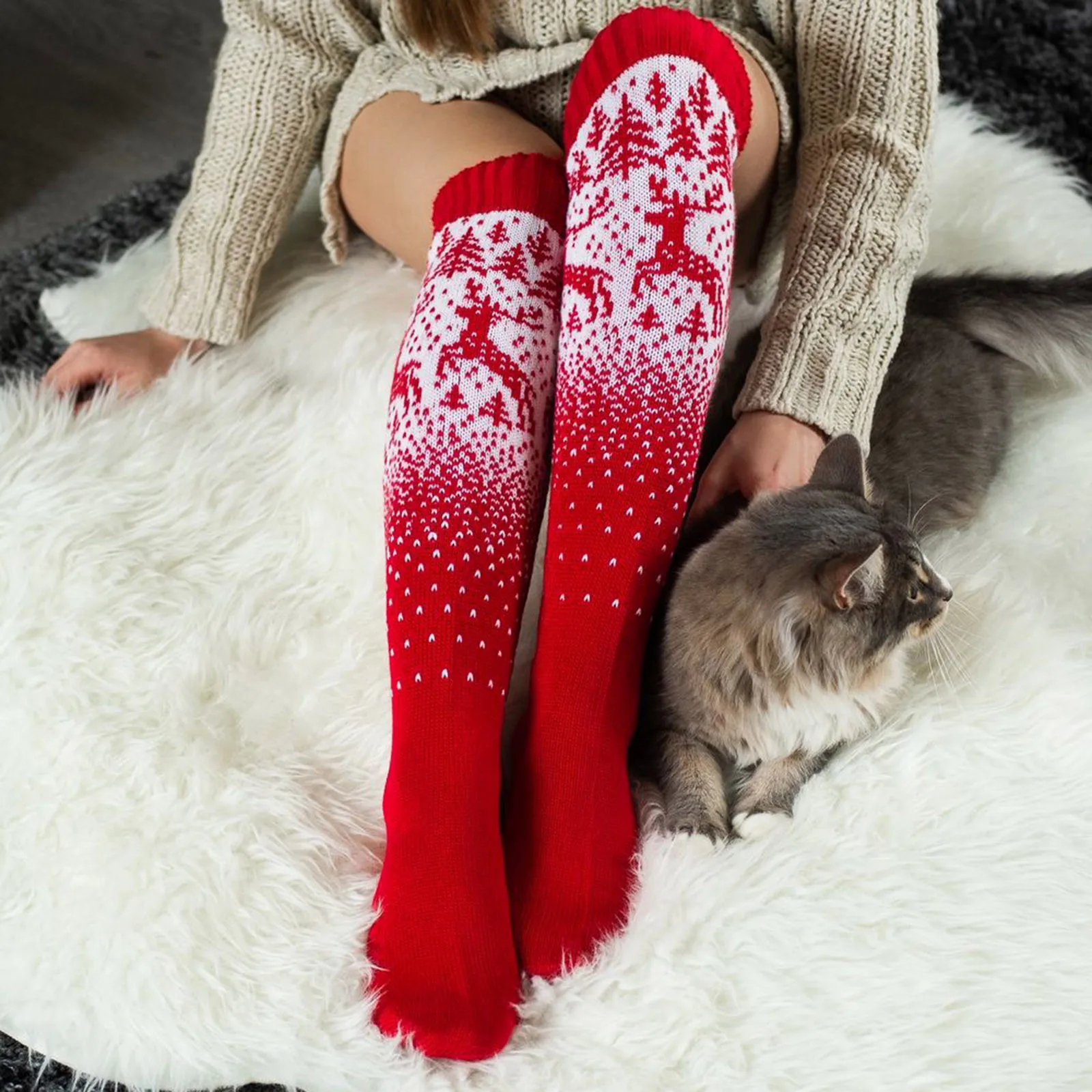 Christmas Knitted Stockings Elk Print Winter Warm Long Knee Sock Xmas Reindeer Thigh High Over Knee High Socks