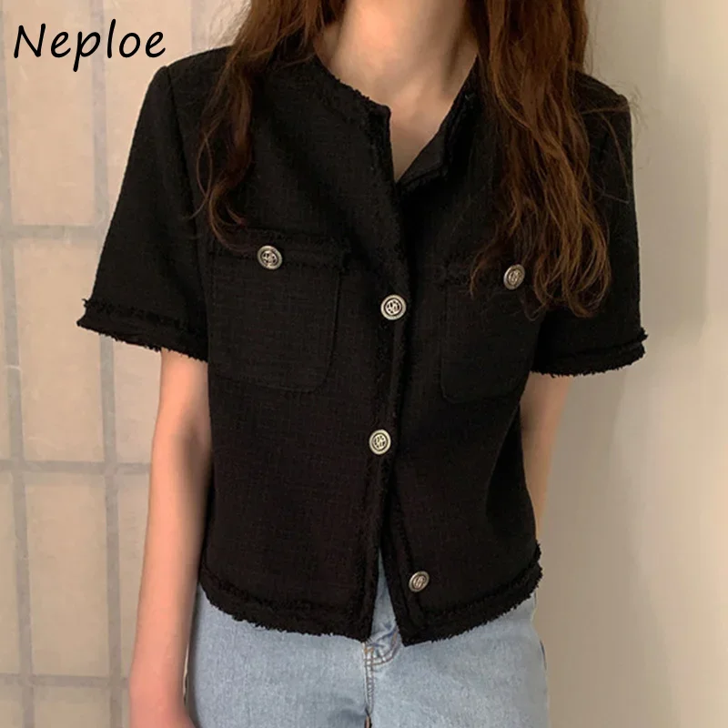 Neploe O Neck Single-breasted Outerwear Korean Chic Simple All-match Jackets Pockets Design Sense Solid Color Short Sleeve Coat