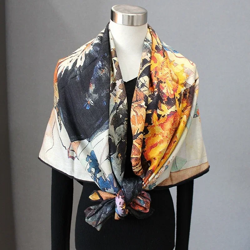 High-end Elegant Women's Exquisite Watercolor Sunflower Double-sided Print Quality Silk Wool Hand-rolled Edge Thick Scarf Shawl