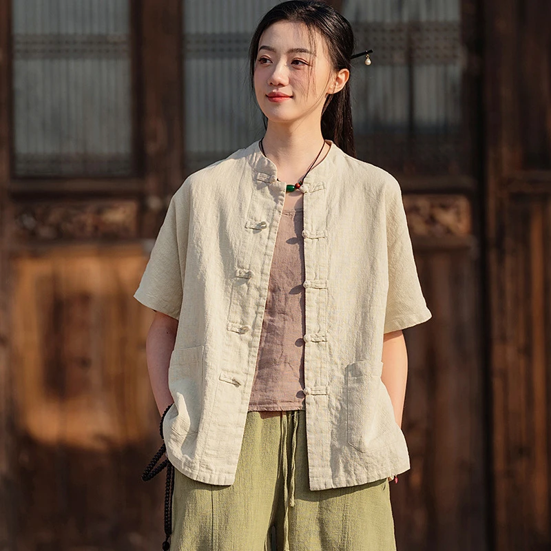 

Cotton Linen Women Tops 2025 Summer Chinese Antique Style Solid Color Short Sleeve Morning Exercise Taiji Shirt Casual Shit T368
