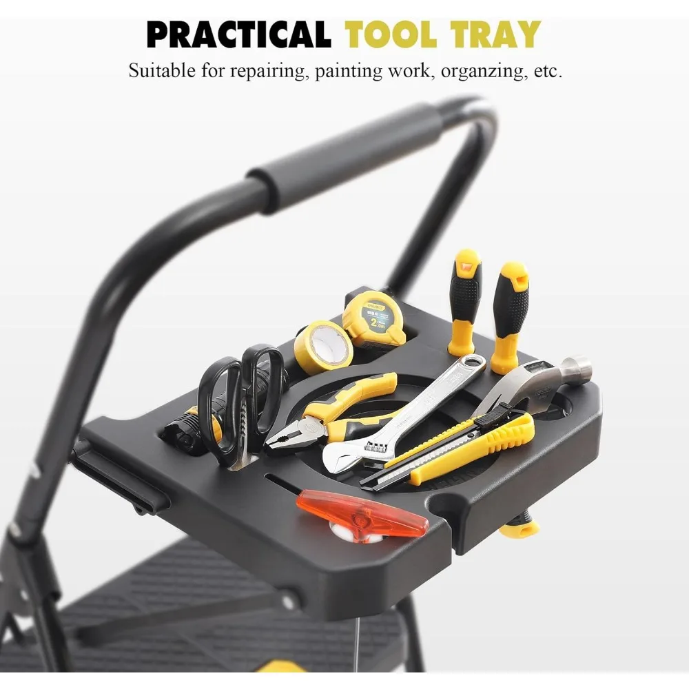 넓은 발판, 도구 플랫폼, 안전 잠금 장치가 있는 접이식 4단 강철 사다리, 가정 및 작업장용으로 휴대 가능하고 견고함