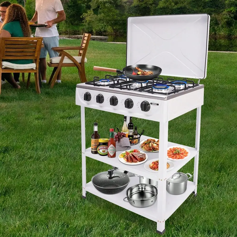 

Gas Stove,5 Burner Propane Burner,Auto Ignition Camping Stove With Support Leg Stand And Wind Blocking Cover Adapter, Portable