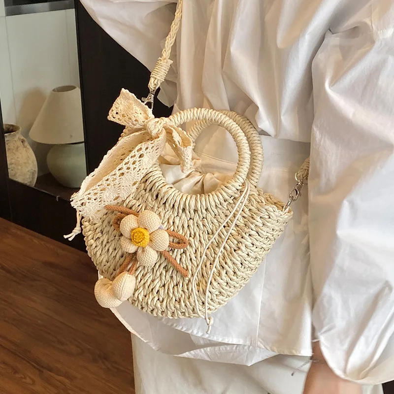 

Fashion Straw Woven Bucket Bag for Women, Handmade Beach Vacation Shoulder Bag, Casual All-match Crossbody Handbag