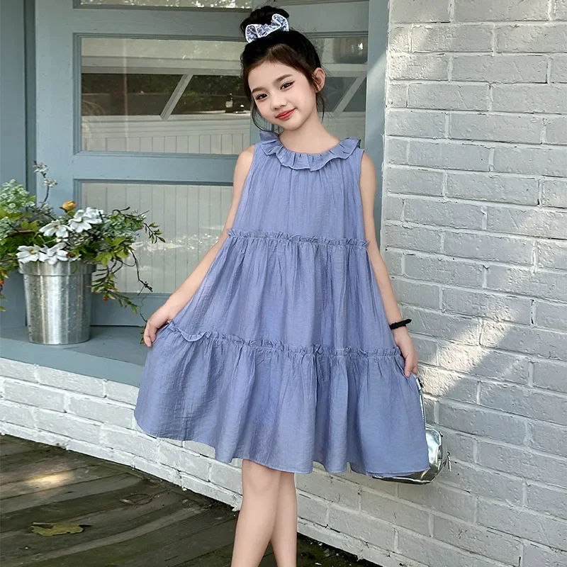 Girls Skirt 2024 Summer New Childrens Clothes Girls Holiday Style Flanged Sleeveless Doll Princess Dress Casual Simple Daily