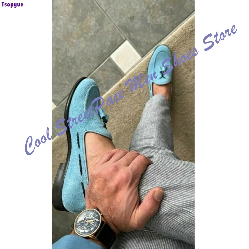 Tassel Loafers Men Light Blue Suede Slip On Side Cutout Design Flat Low Heel Vintage Summer Business Casual Formal Dress Shoes