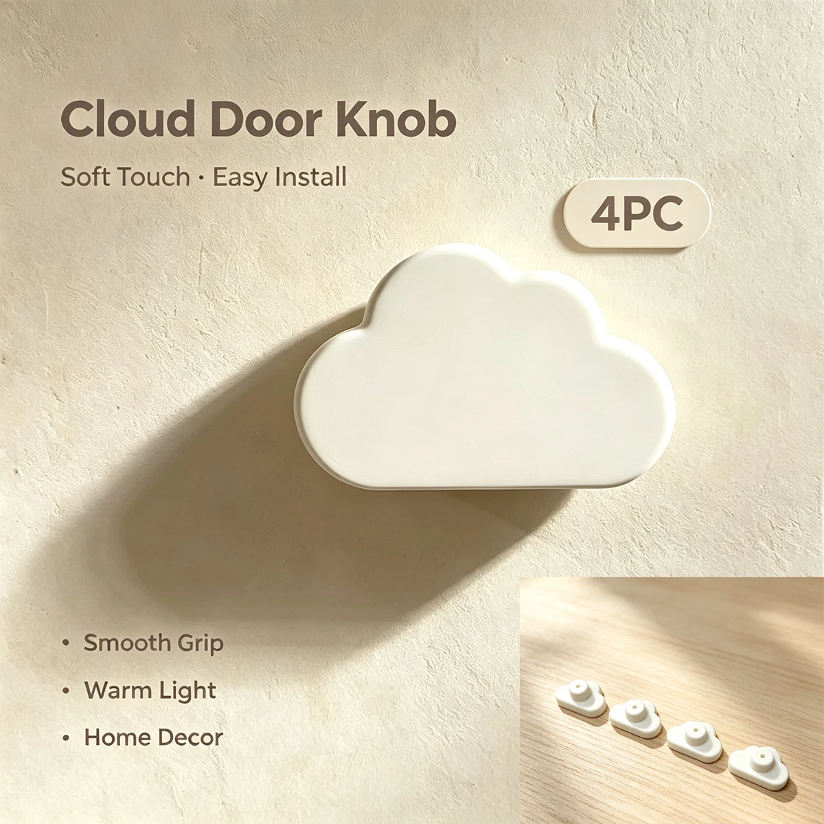 White 4Pc Cloud Door Handle, Trendy Ins-Style Creative Cartoon Drawer Pull Handle, Wardrobe Cabinet Decorative Single-Hole Handle
