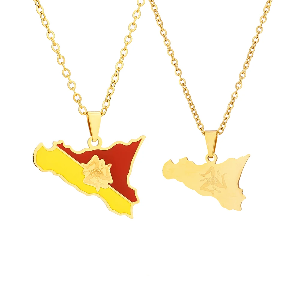 New Italy Sicilia Island Map Flag Pendant Necklace Stainless Steel Men Women Ethnic Map Jewelry Italiana Gift