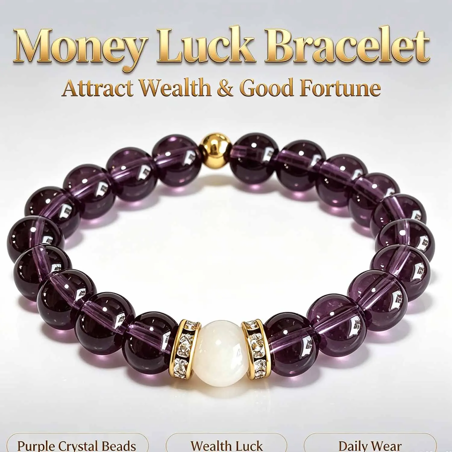 Fashion Wealth Lucky Fortune Glass Beaded Bracelet Vintage Purple Elastic Wristband Jewelry Birthday Present