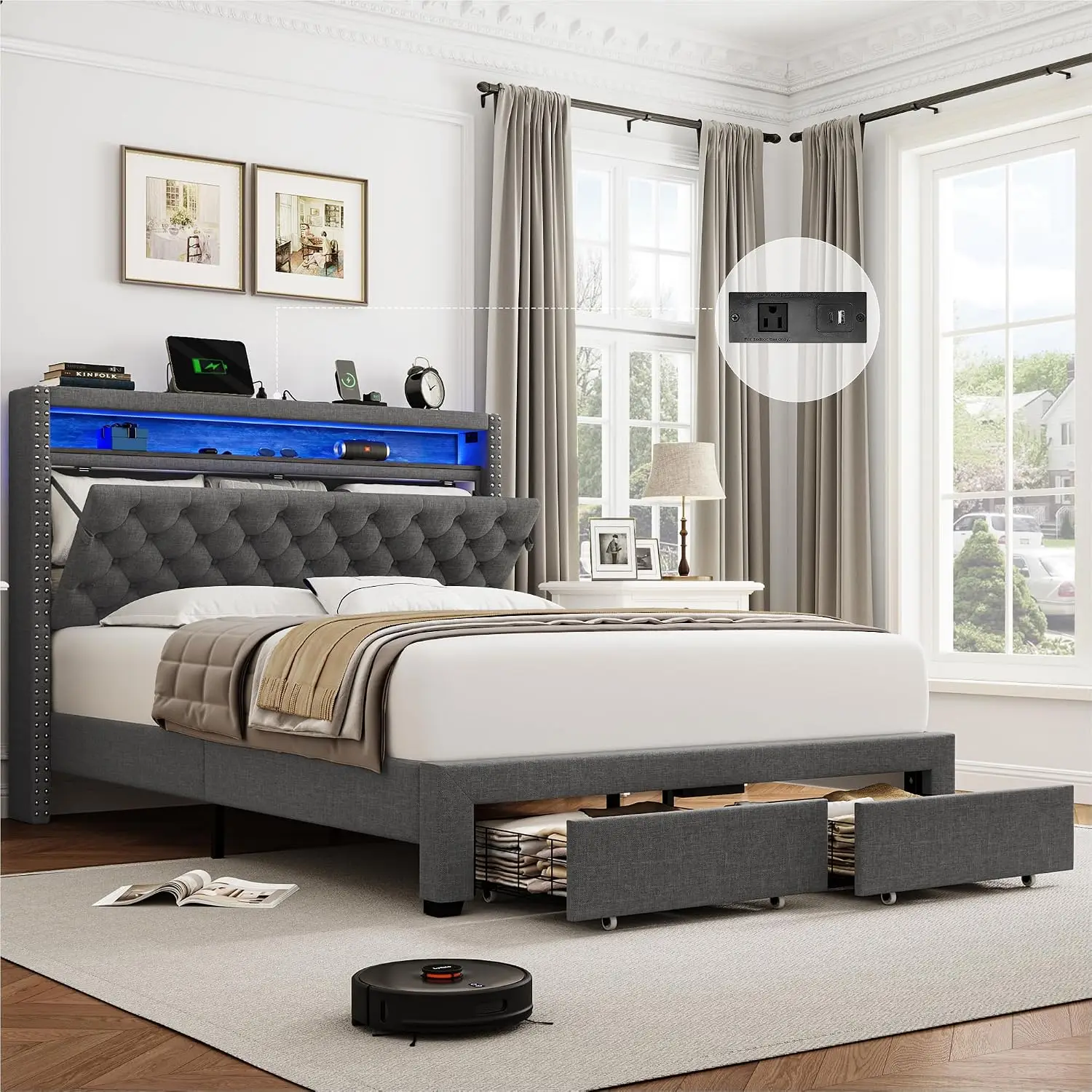 Full LED Bed Frame with Storage Headboard & Charging Station, Linen Upholstered with 2 Drawers, Button Tufted, No Box Spring, Gr