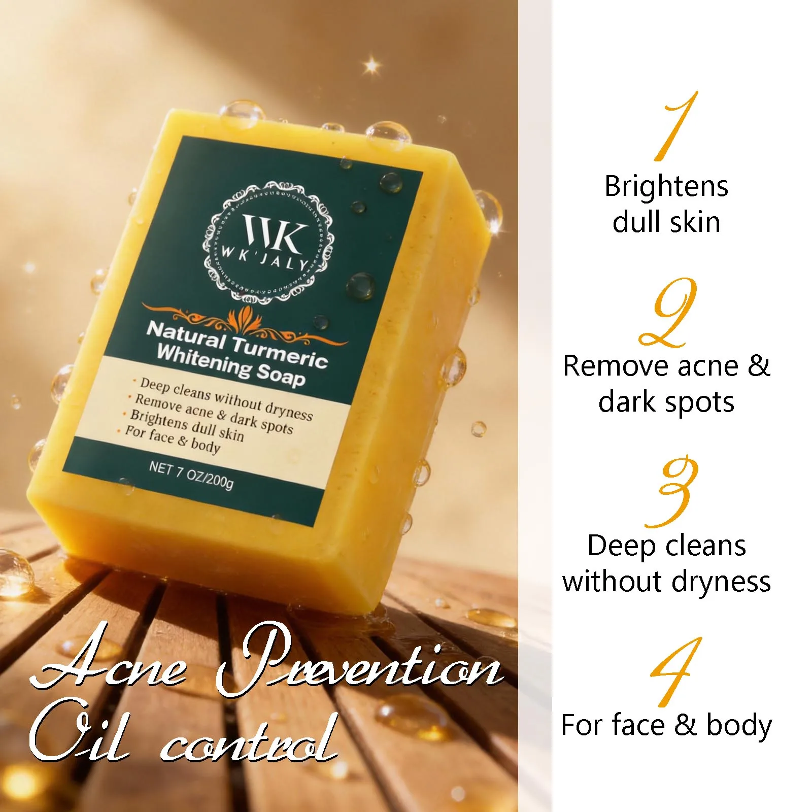 WK JALY Turmeric Lightening Soap Bar, Anti Acne, Dark Spots, With Hyaluronic Acid, Even Skin Tone, For All Skin Types