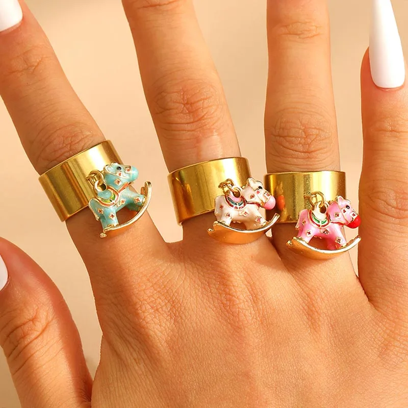 Creative Cartoon Enamel Pony Pendant Wide Stainless Steel Rings for Women Zodiac Horse Open Ring Trendy New Year Chunky Jewelry