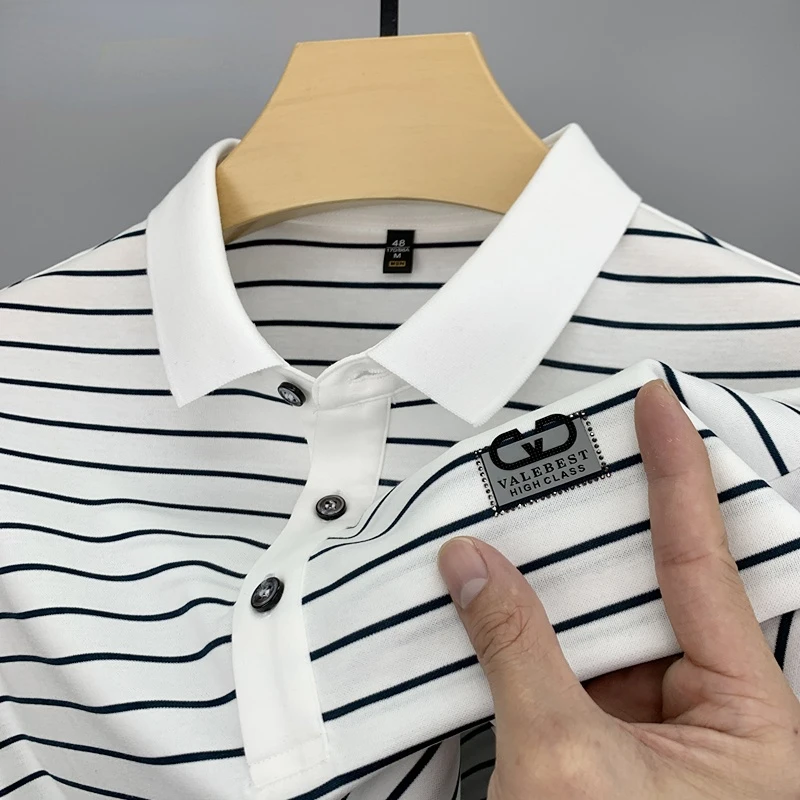 

High-grade Mercerized Cotton Short-sleeved T-shirt Polo Shirt Men's New Summer Trend Horizontal Stripe T-shirt Loose Top M-4XL