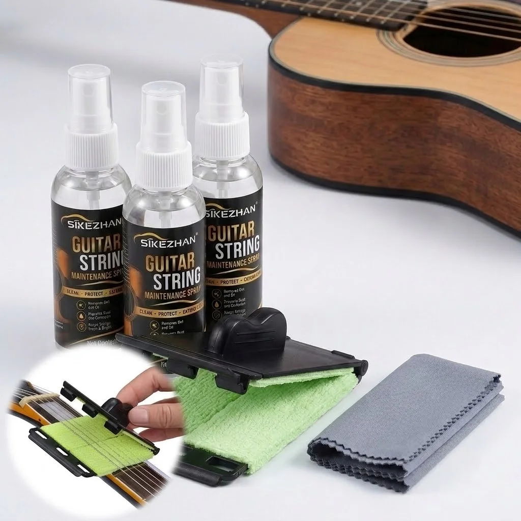 Guitar String Lubricant Spray and Cleaner Scrubber All-in-One Fretboard Care Set with Free Polishing Cloth, Professional Grade