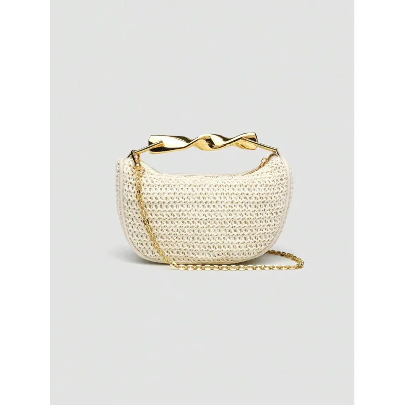 1 قطعة ، وصول صيفي جديد ، نسائي ، مقبض معدني صغير كروسبودي سحاب ، حقيبة صغيرة منسوجة من القش ، لادي عادية