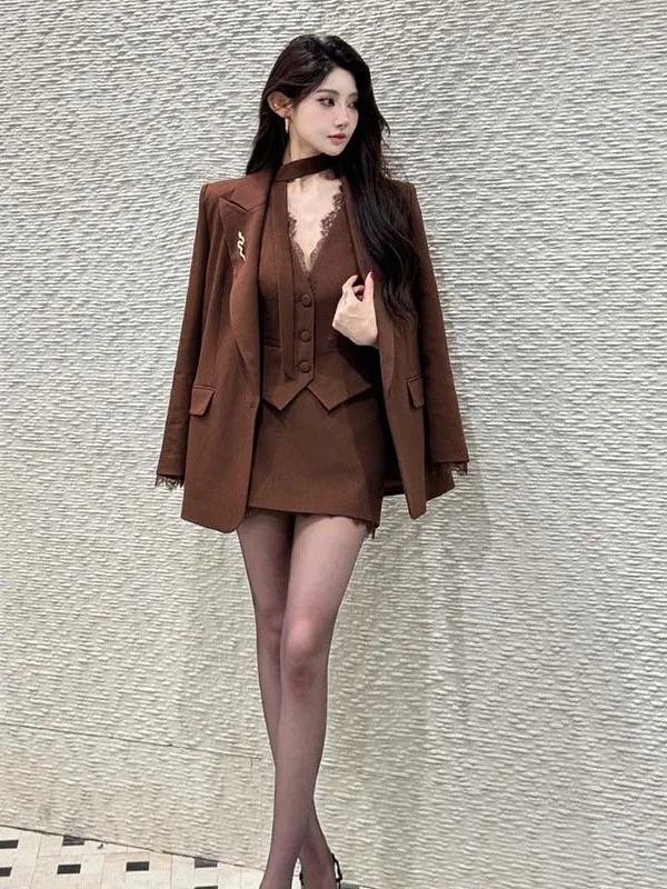 

Spring 2026 New Arrival Lace Vest Skirt Set with Sash Lightweight Office Style Two Piece Set DM0331 Women's Fashion En...