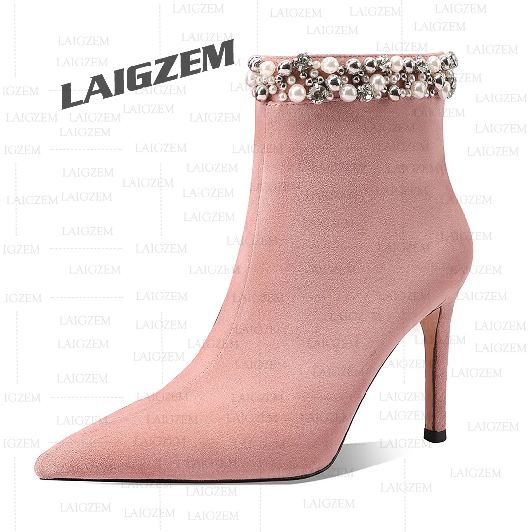 LAIGZEM Women Ankle Boots Real Suede Pointed Toe Side Zip Up 9CM Thin High Heels Boots Party Prom Ladies Shoes Woman Handmade