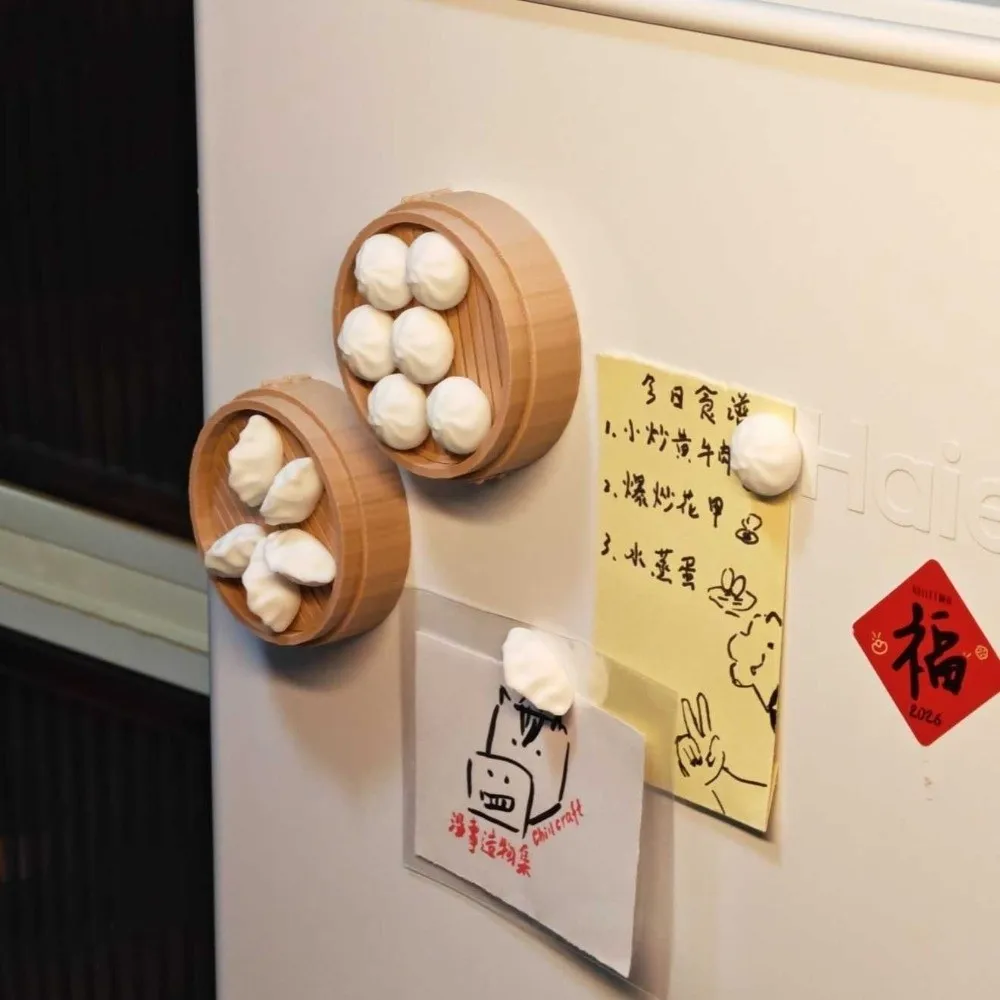 Mini Simulation Steamed Buns/Dumplings Fridge Magnet 3D with Steamer Refrigerator Magnet Fridge Decorative Home Kitchen