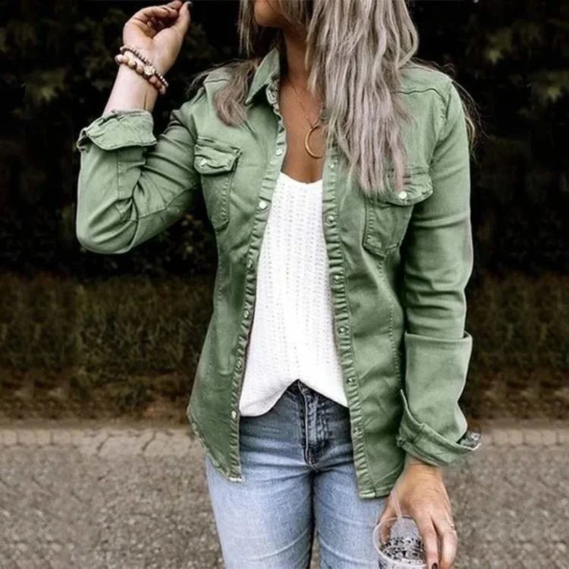 Jaket Denim warna polos untuk wanita, mantel Denim berkancing Lapel tipis dengan kantong kasual musim semi dan panas 2023