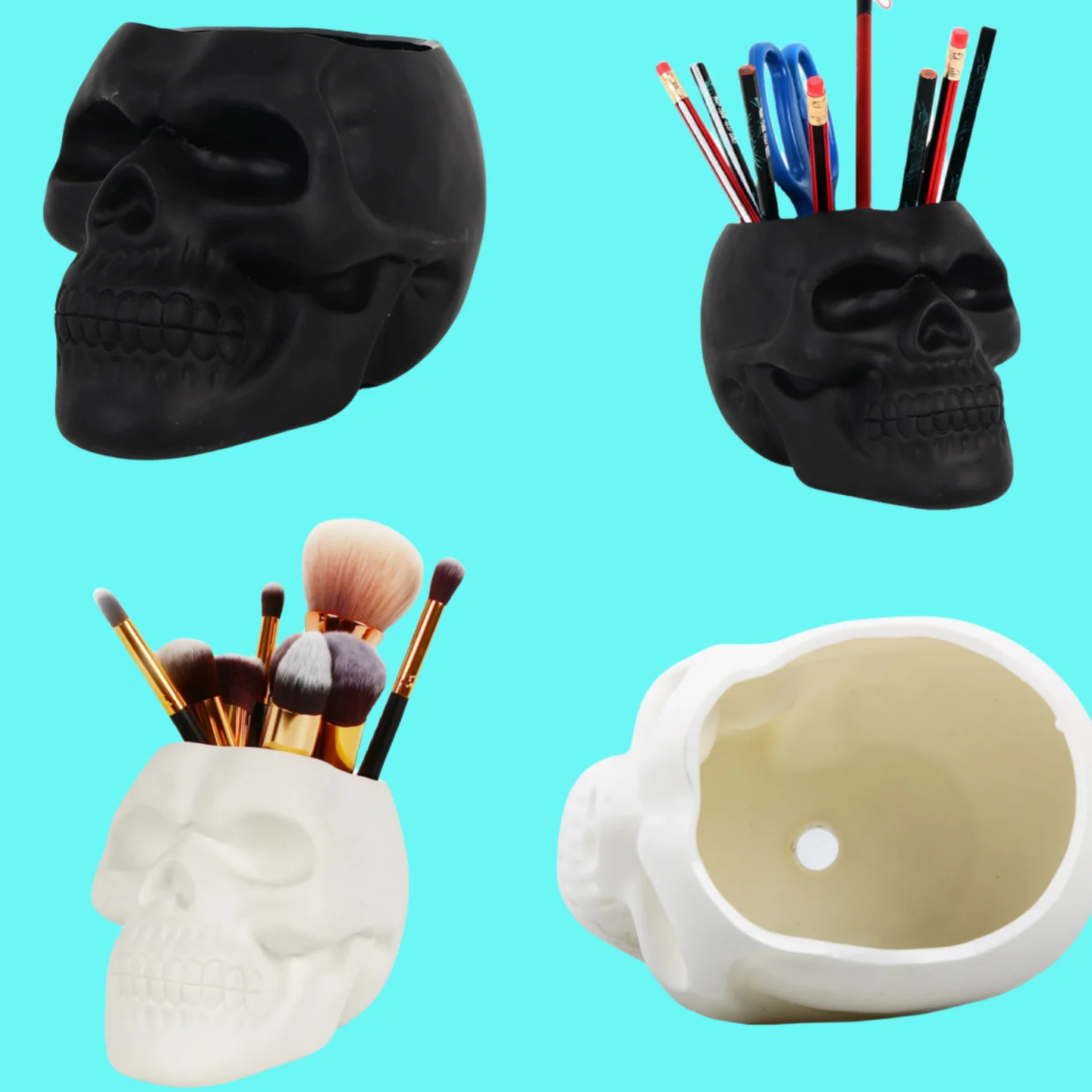 1PC Skull Shaped Pen Pencil Holder Horror Skull Small Flower Pot Makeup Brush bucket Office Organizer Halloween Prop