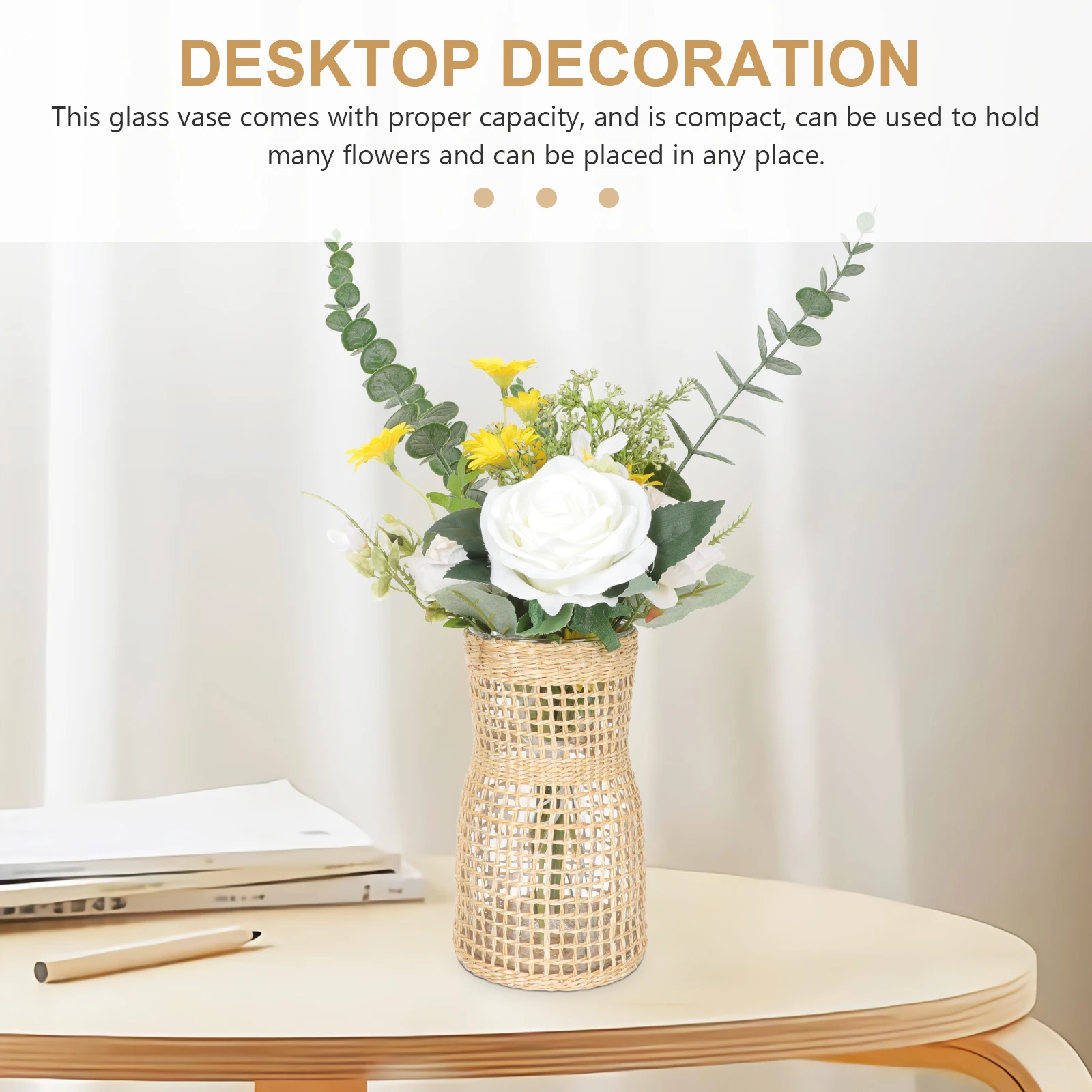 

Rattan Glass Vase Decorative Bottle for Home Office Flower Arrangement Plant Pot Hydroponic Vase Farmhouse Style Sturdy Material
