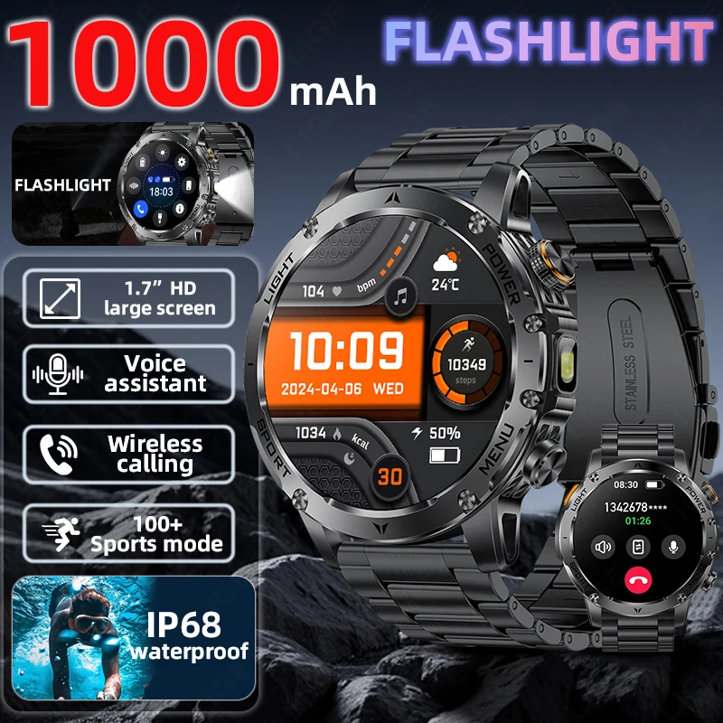 LIGE 1000mAh مراقبة اللياقة البدنية الرياضية الخارجية 1.7 "بوصة ساعة ذكية 2025 جديد بلوتوث دعوة IP68 مصباح يدوي مقاوم للماء Smartwatch