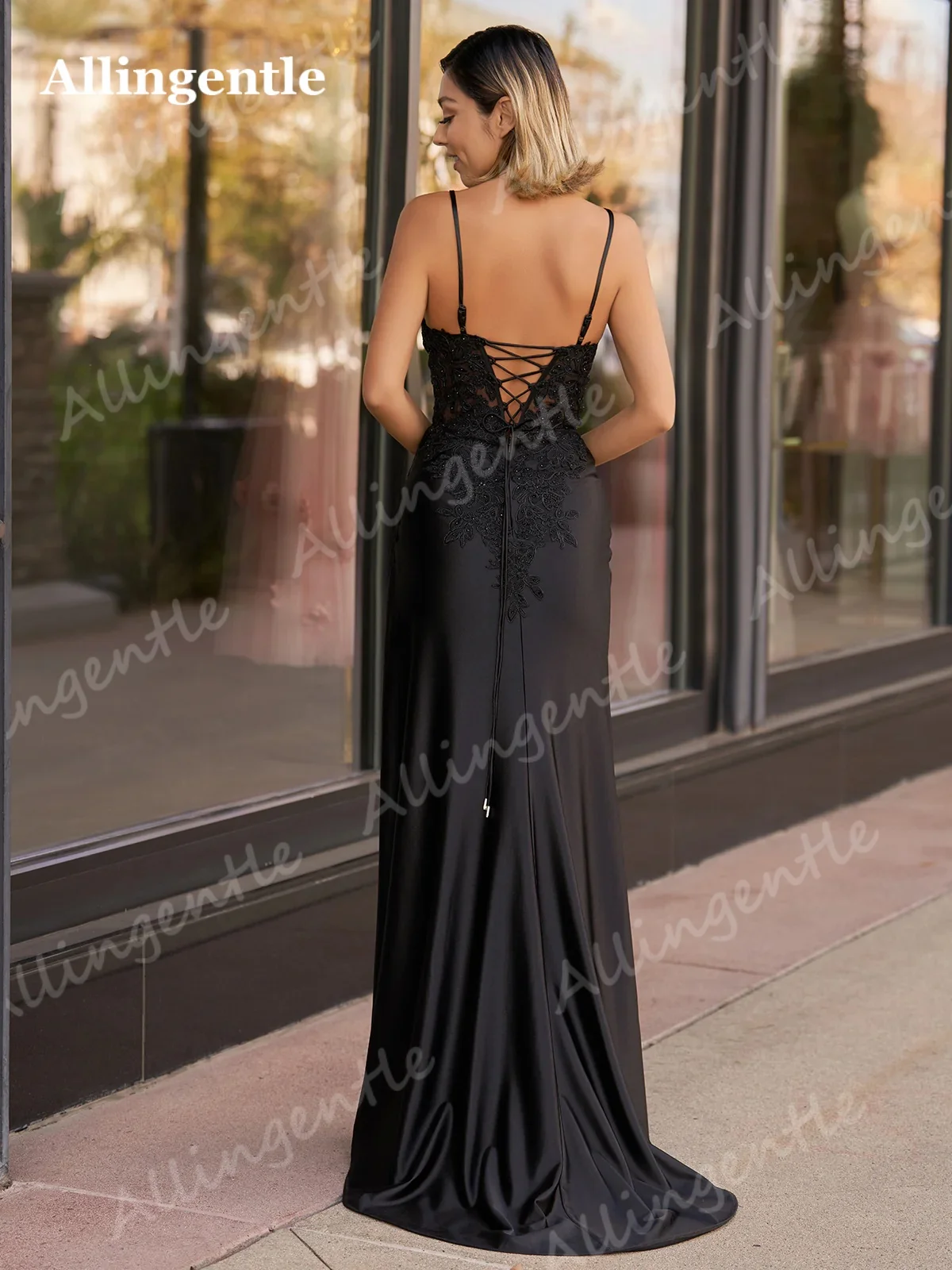 Allingentle Elegant Black Formal Evening Gown V-Neck Lace Appliques Sexy Spaghetti Straps Hight Slit Prom Party Gowns Customized