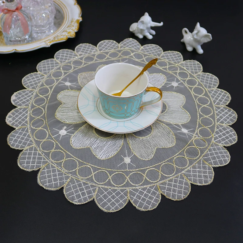 

HOT Round gold flowers Embroidery table cloth cover wedding party tablecloth kitchen Christmas Table decoration and accessories
