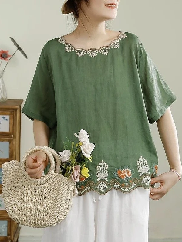 

Повседневный хлопково-льняной топ с вышивкой, женская удобная тонкая летняя блузка с круглым вырезом для путешествий и отдыха