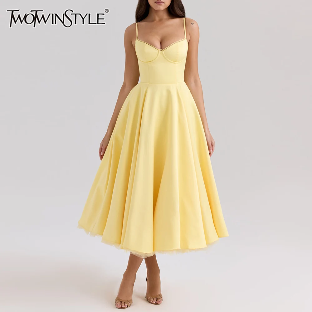 

TWOTWINSTYLE Solid Spliced Folds Dresses for Women Square Neck Sleeveless High Waist Temperament Long Dress Female