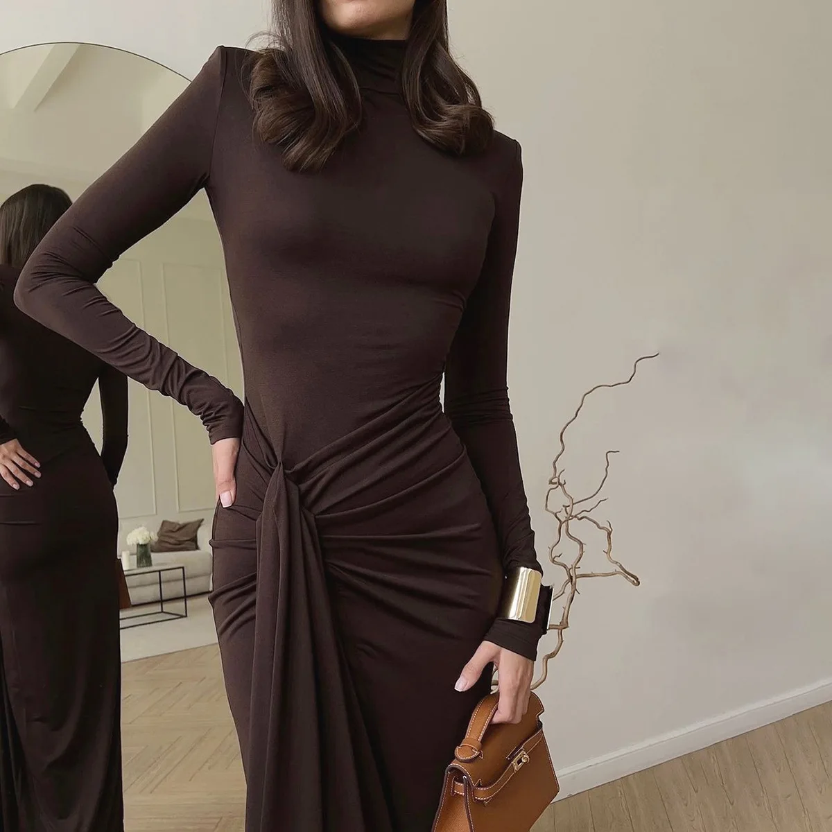 2025 Elegant Women Long Dress Slim Long Sleeve Split brown Dress Turtleneck Party Dresses Lady High waisted Evening Robes 1221-5