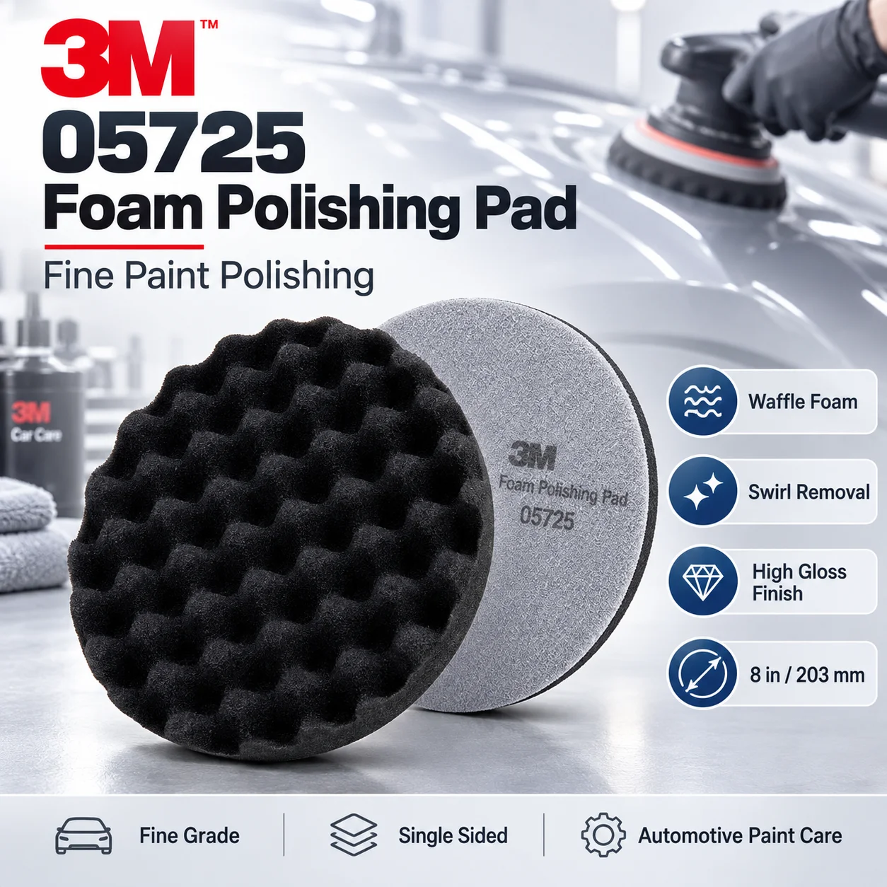 3M 05725 Foam Polishing Pad Fine Waffle Swirl Removal High Gloss Buffing Pad For Automotive Paint Detailing 8in 2PCS