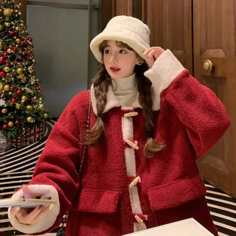 HOUZHOU Vintage Red Fleece Jacket Women Oversized Lamb Wool Coat Korean Fashion Cute Short Jackets Chic and Elegant Aesthetic