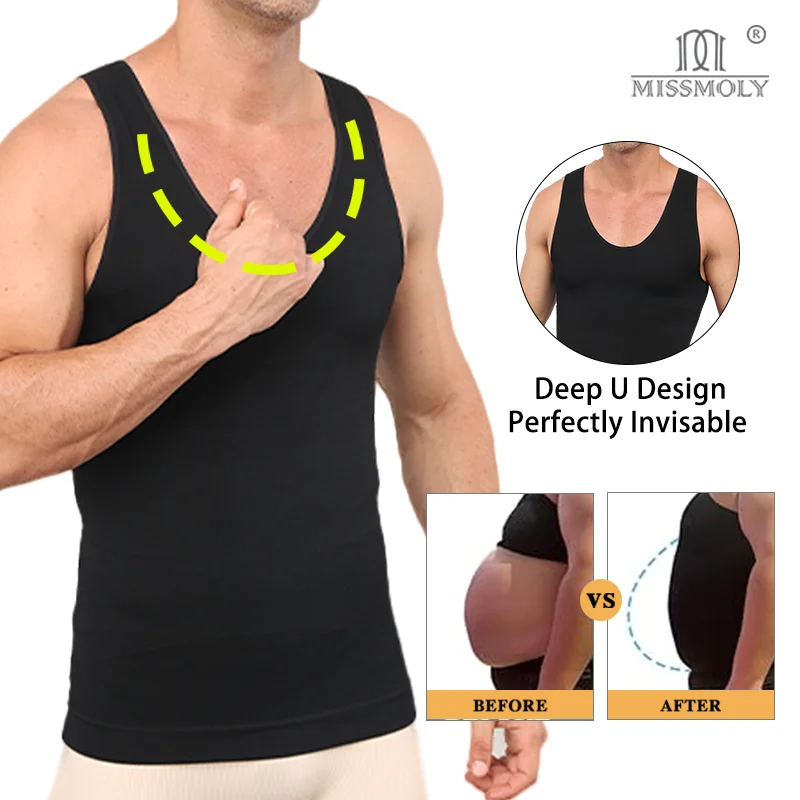 Miss Moly Men Sexy U Neck Tank Top Compression Shapewear Sleeveless Tummy Control Undershirt Slimming Breathable Body Shaper