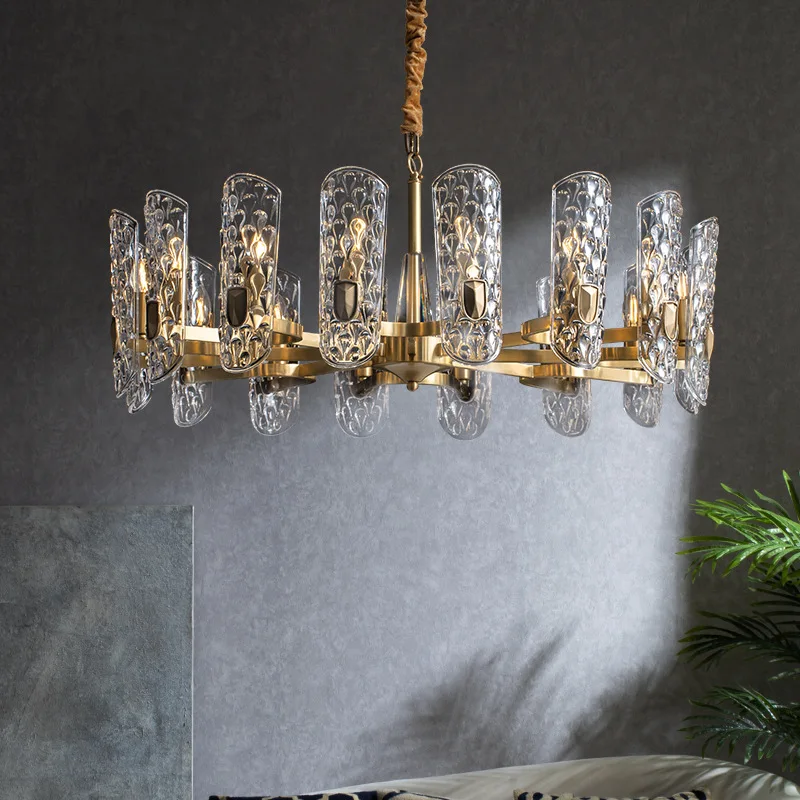 Modern Luxury LED Crystal Chandelier All Copper Water Glass Shade Pendant Lamp Dining Living Room Bedroom Villa Hanging Light