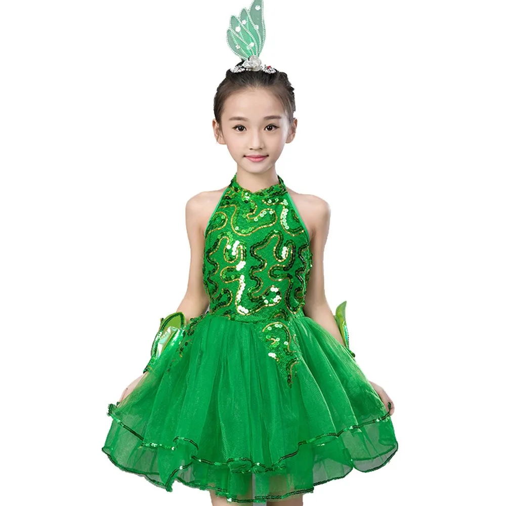 

Green Sequin Children Ballet Dance Dress with Headwear Wristband Romantic Princess Dress Dance Suit Modern Dance Stage Dancewear
