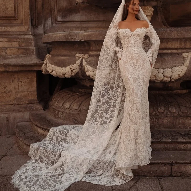 Lace ivory white Appliques Wedding Dresses off-shoulder fishtail Flower decal Long tail Bridal Gowns Made Customized