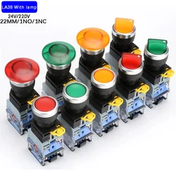 22mm LA38-11D/LA38-11DS with Light Flat Head Button Switch Momentary/Latching Push button switch 10A/440V AC/DC 6-380V