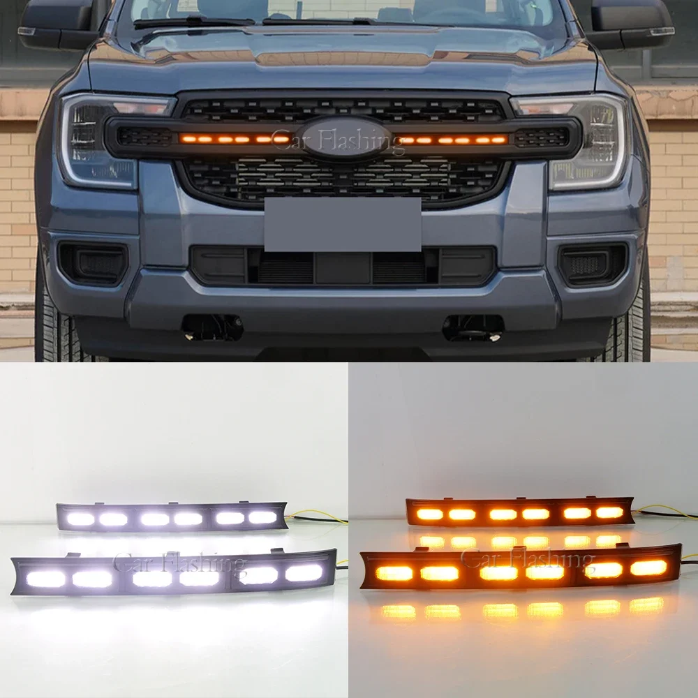 Car Front Grille LED Daytime Running Light For Ford Ranger T9 2022 2023 2024 Dynamic Turn Signal DRL Fog Lamp