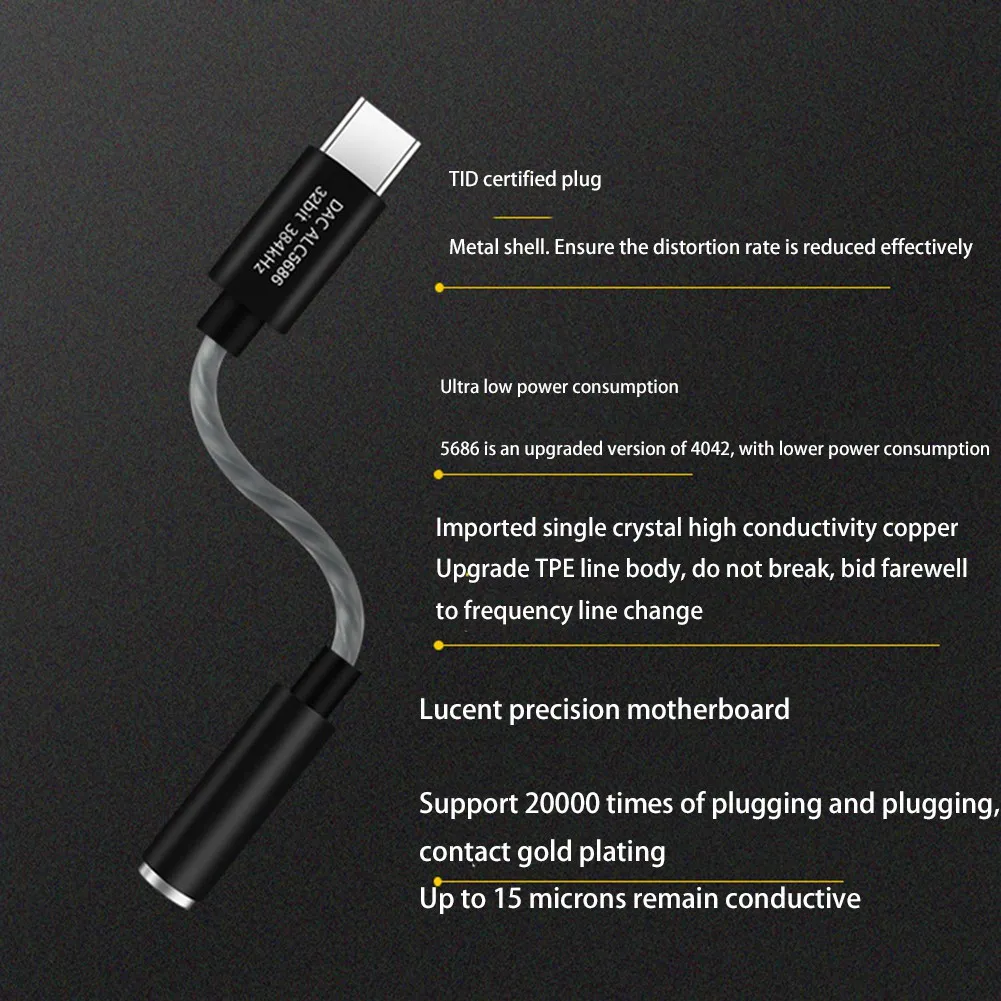 USB C타입-3.5mm 이어폰 잭 DAC 어댑터 32 비트 384KHz Realtek ALC5686 USB-3.5mm 삼성 스마트폰용 (그레이)